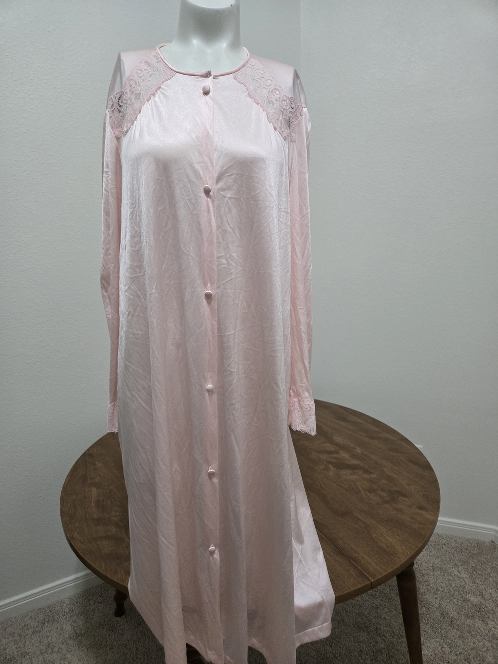 Vintage Vanity Fair Pink Nylon Lace Robe Peignoir Long Button Front Made USA L